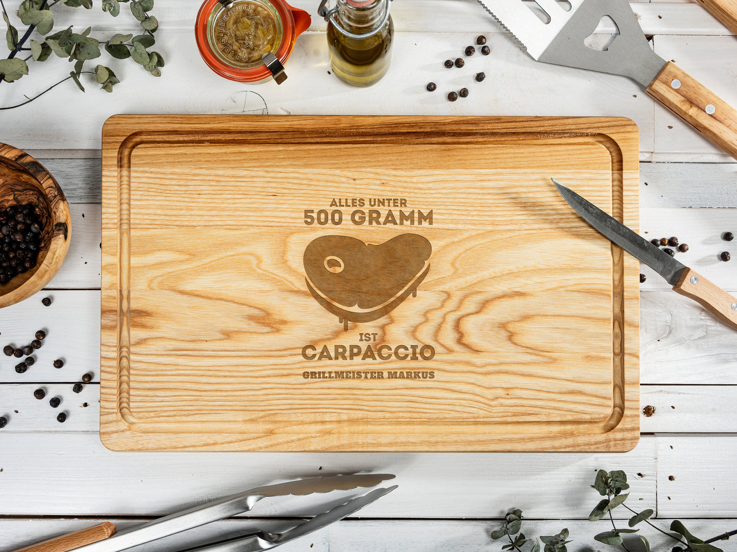MEIN GRILL, personalisiertes Grillbrett, Geschenk Papa, Grillmeister, Geschenkidee Vatertag, Männergeschenk+Namen+Wunschmotiv, 40x25x2