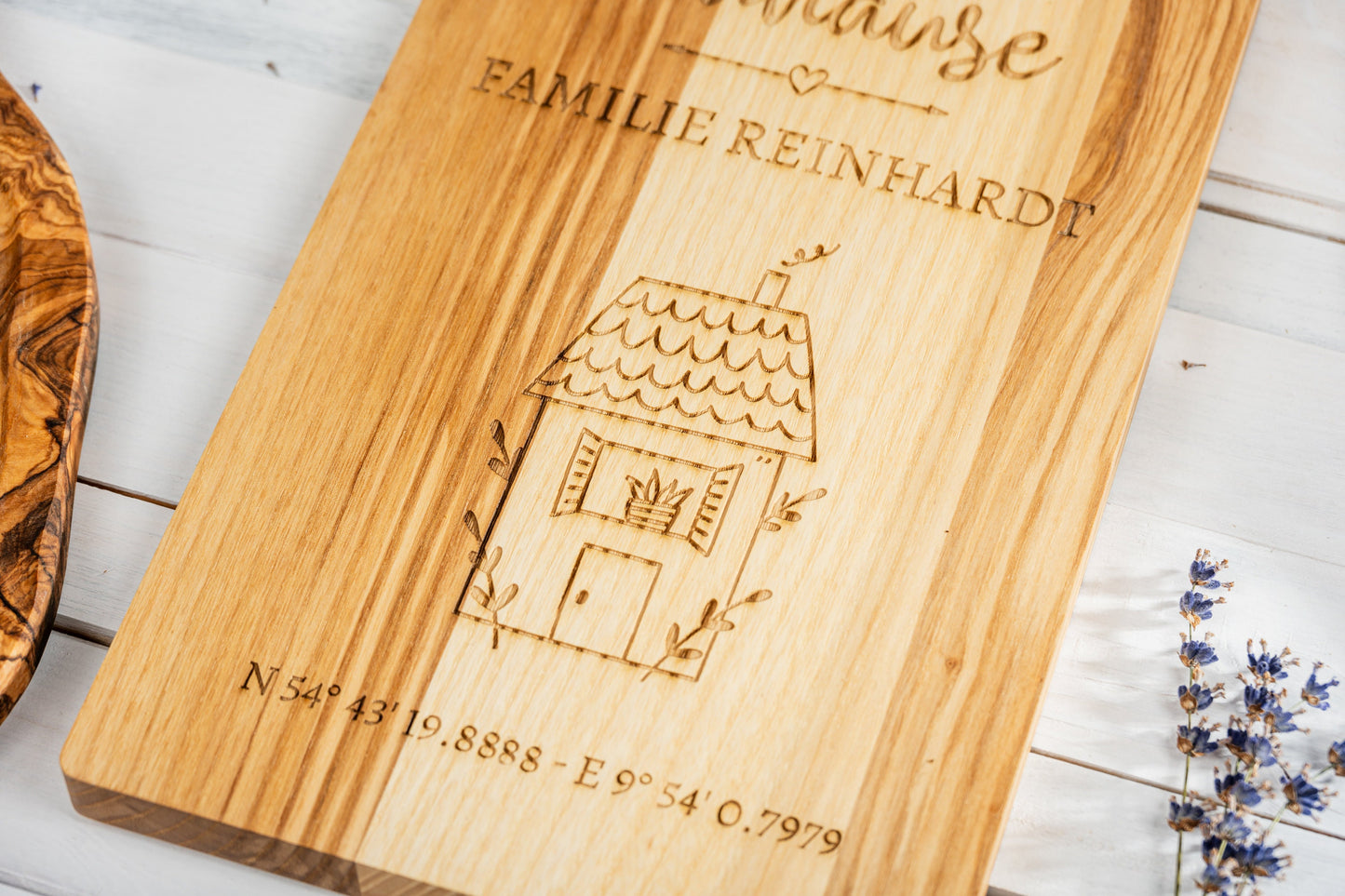 Geschenk Richtfest, Geschenk Einzug Haus, Geschenkidee Hausbau, Einzugsgeschenk, Einweihungsgeschenk, Koordinaten und Familienname, Brett