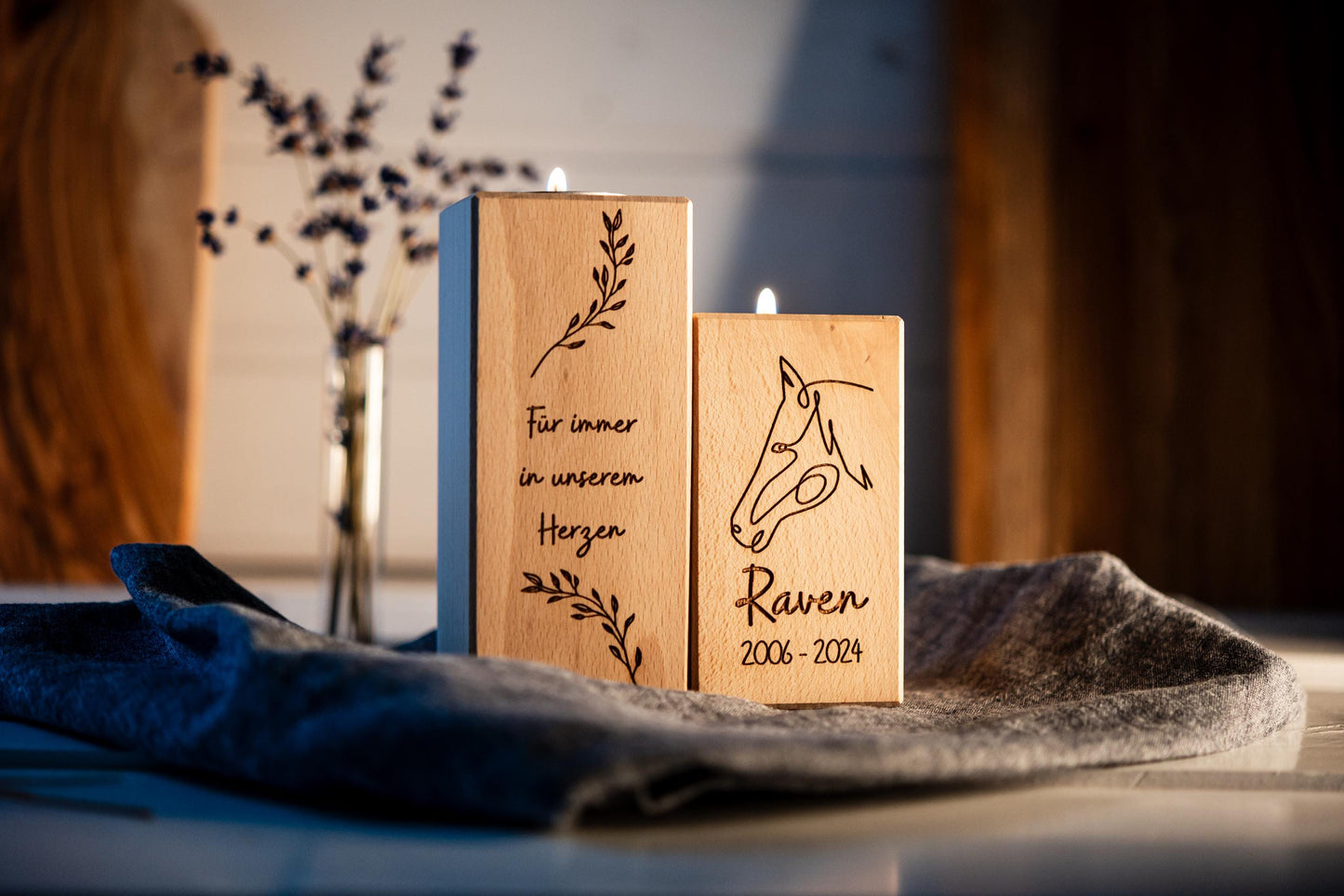 Set Personalisierbare Trauerkerze Pferd, Teelichthalter Holz Gravur, Tod, Pferd gestorben, Gedenken Pferde, Trauerlicht, Pferd Andenken