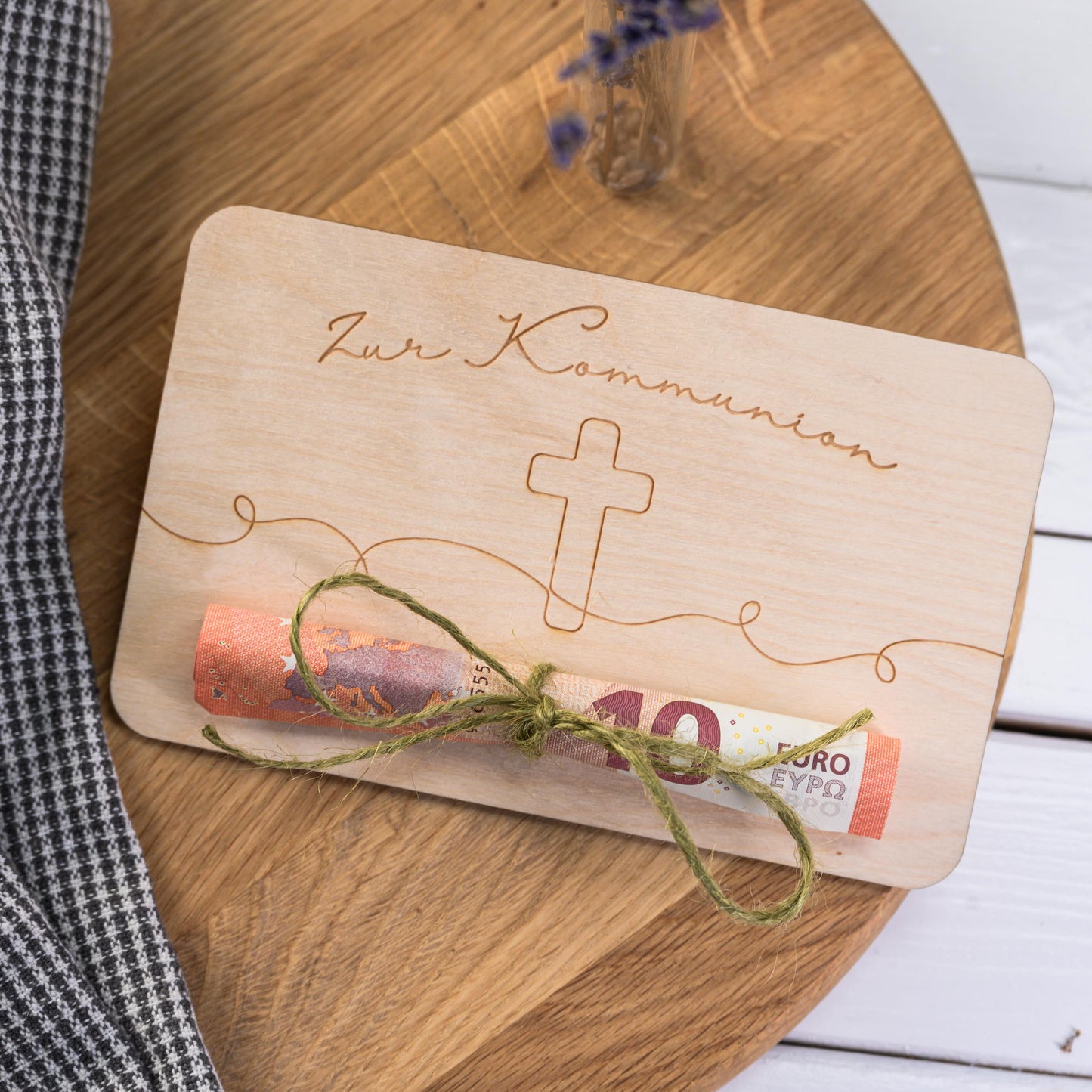 Geldgeschenk Kommunion, Geldgeschenk Taufe, Geldgeschenk Konfirmation, Geldgeschenk aus Holz mit Reagenzglas, personalisiert, Geld schenken