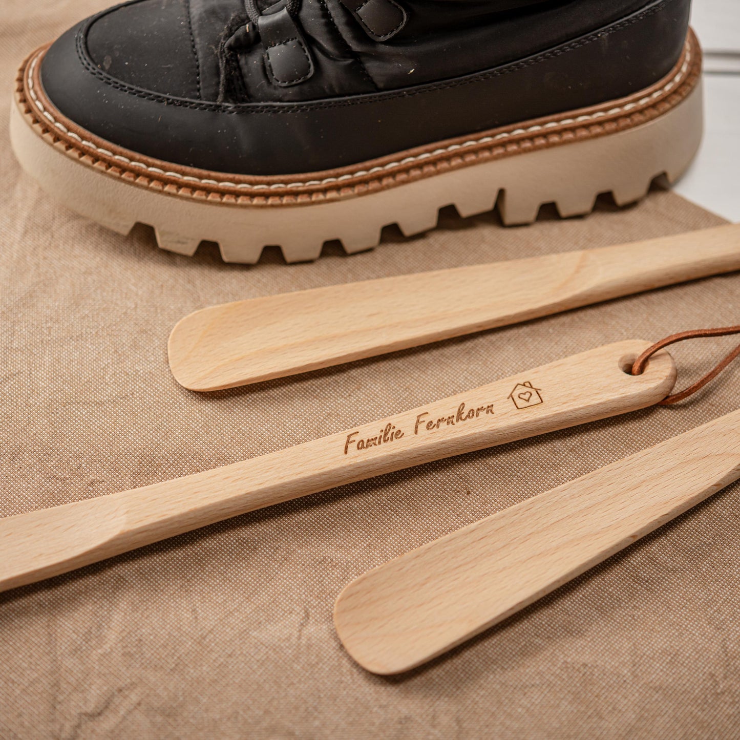 Schuhlöffel personalisiert, Schuhanzieher mit Gravur, Geschenk Einzug, Umzug, Richtfest, Hausbau, Freunde, Schuhlöffel aus Holz