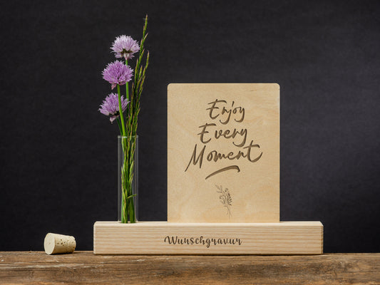 Geschenk Kollegin, Kollege, Kartenhalter, Wunschgravur + Vase + Holzkarte, Fotoleiste, Blumenvase, Reagenzglas, Ruhestand, Verabschiedung