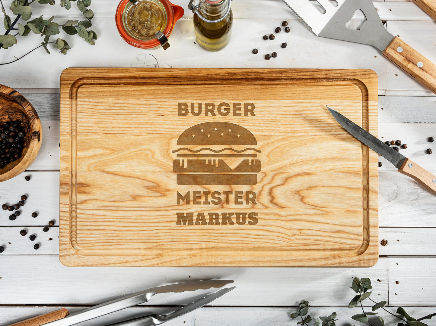 Grillbrett mit Gravur, Schneidebrett Männer, Grillbrett personalisiert, Geschenkidee Vatertag, 40x25x2, Grill Geschenk für Männer, Burger