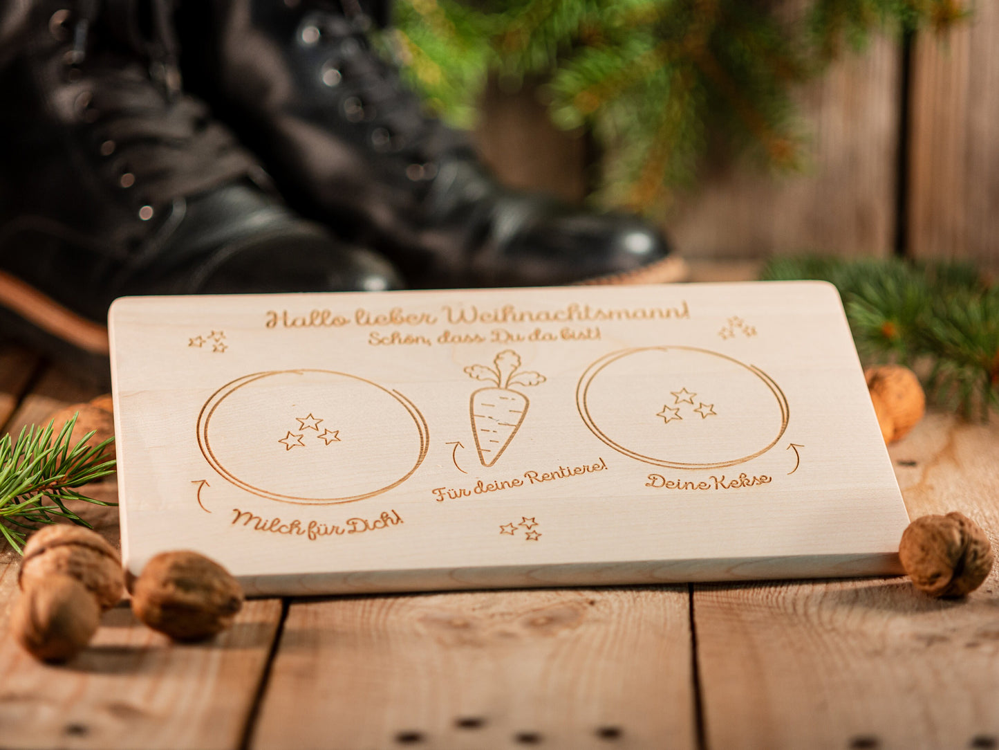 Brett für den Weihnachtsmann, Weihnachtsteller personalisiert, Weihnachtsmannteller, Weihnachtsmann, Milch, Kekse, Rentiere, Bescherung