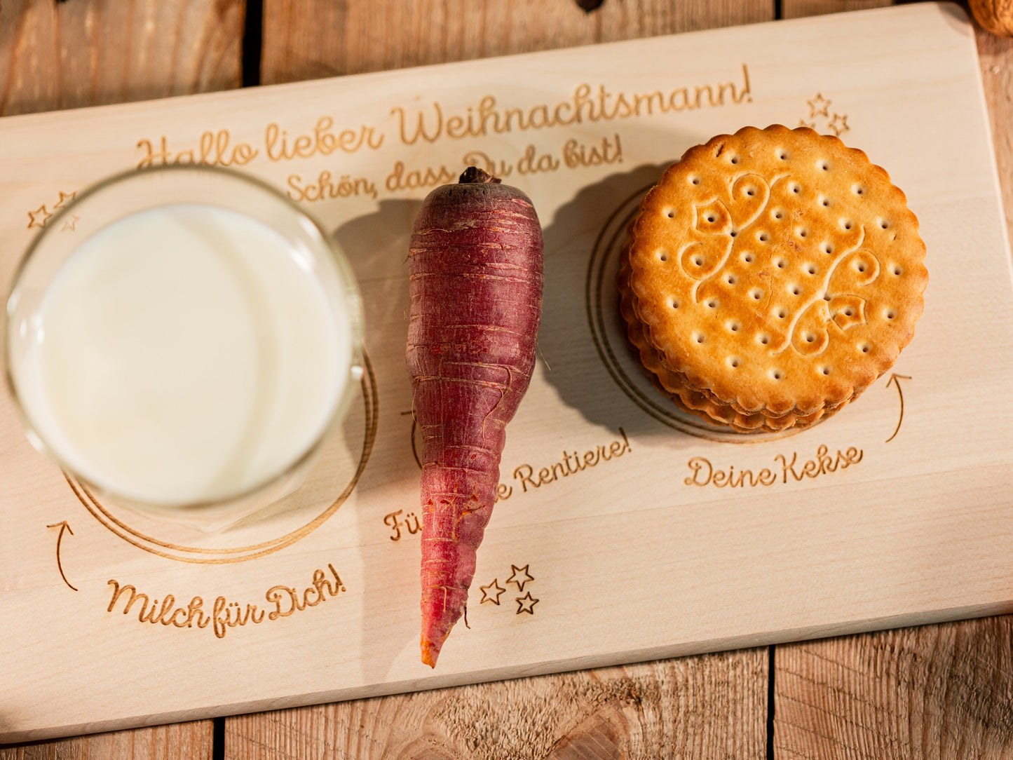 Brett für den Weihnachtsmann, Weihnachtsteller personalisiert, Weihnachtsmannteller, Weihnachtsmann, Milch, Kekse, Rentiere, Bescherung