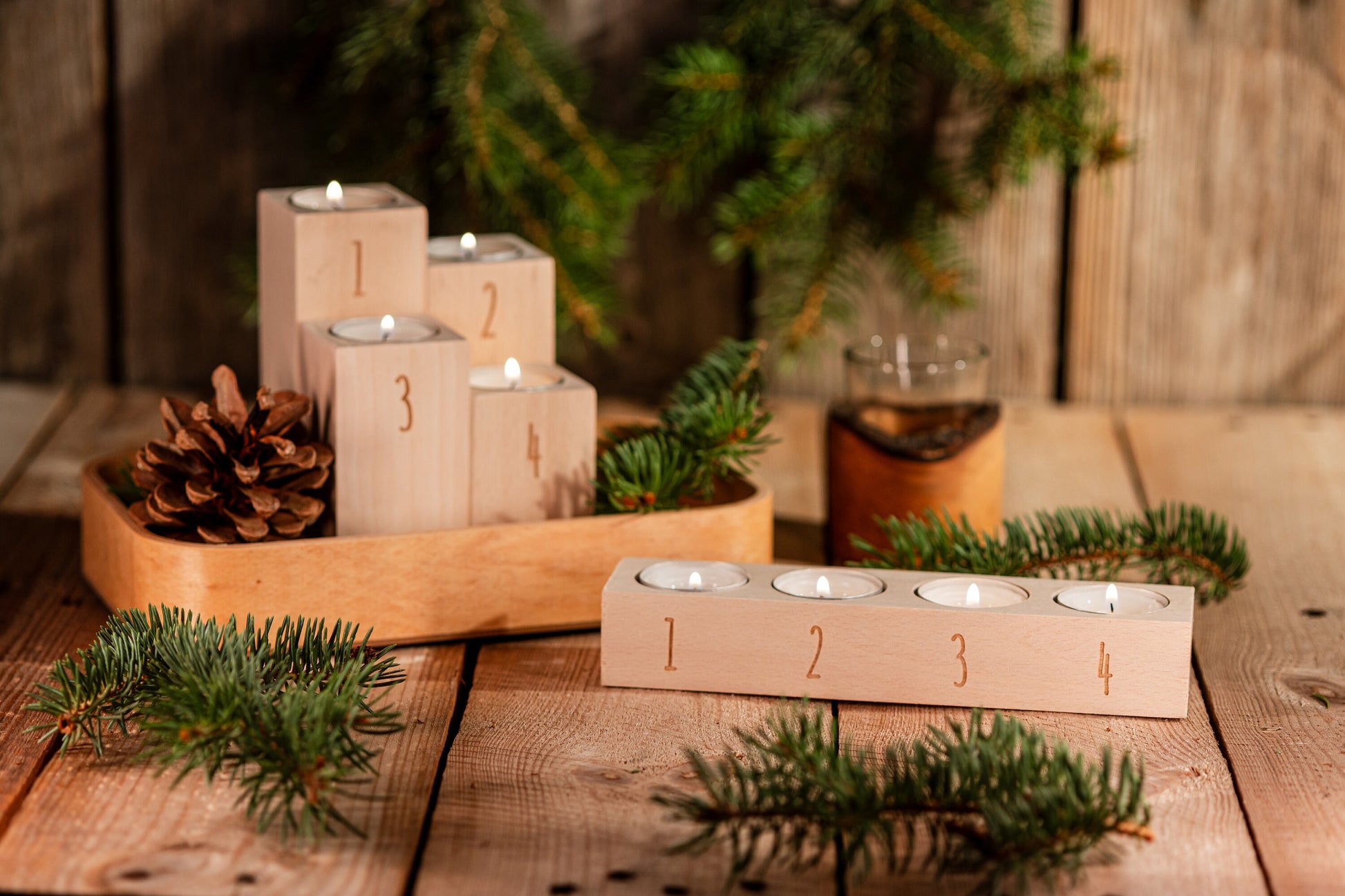 Schlichter Teelichthalter aus Holz, Kerzenhalter Nordic Style, Teelichthalter graviert, Kerzenständer Buchenholz, Adventskranz, Kerzenhalter