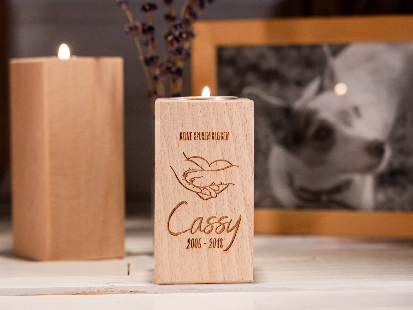 Personalisierbare Trauerkerze Hund, Teelichthalter Holz Gravur, Tod, Hund gestorben, Gedenken Hund, Trauerlicht, Hund Regenbogenbrücke