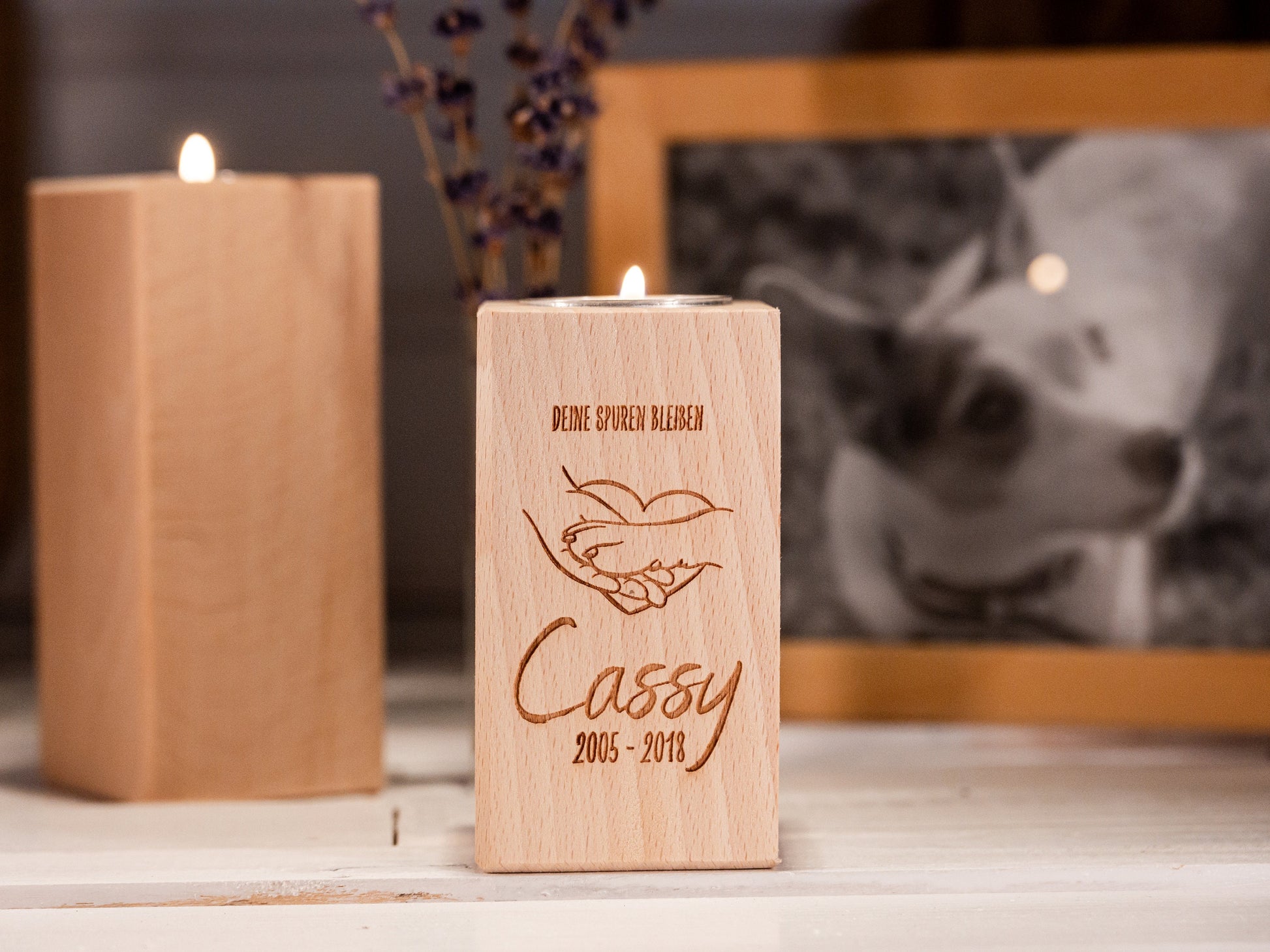Personalisierbare Trauerkerze Hund, Teelichthalter Holz Gravur, Tod, Hund gestorben, Gedenken Hund, Trauerlicht, Hund Regenbogenbrücke