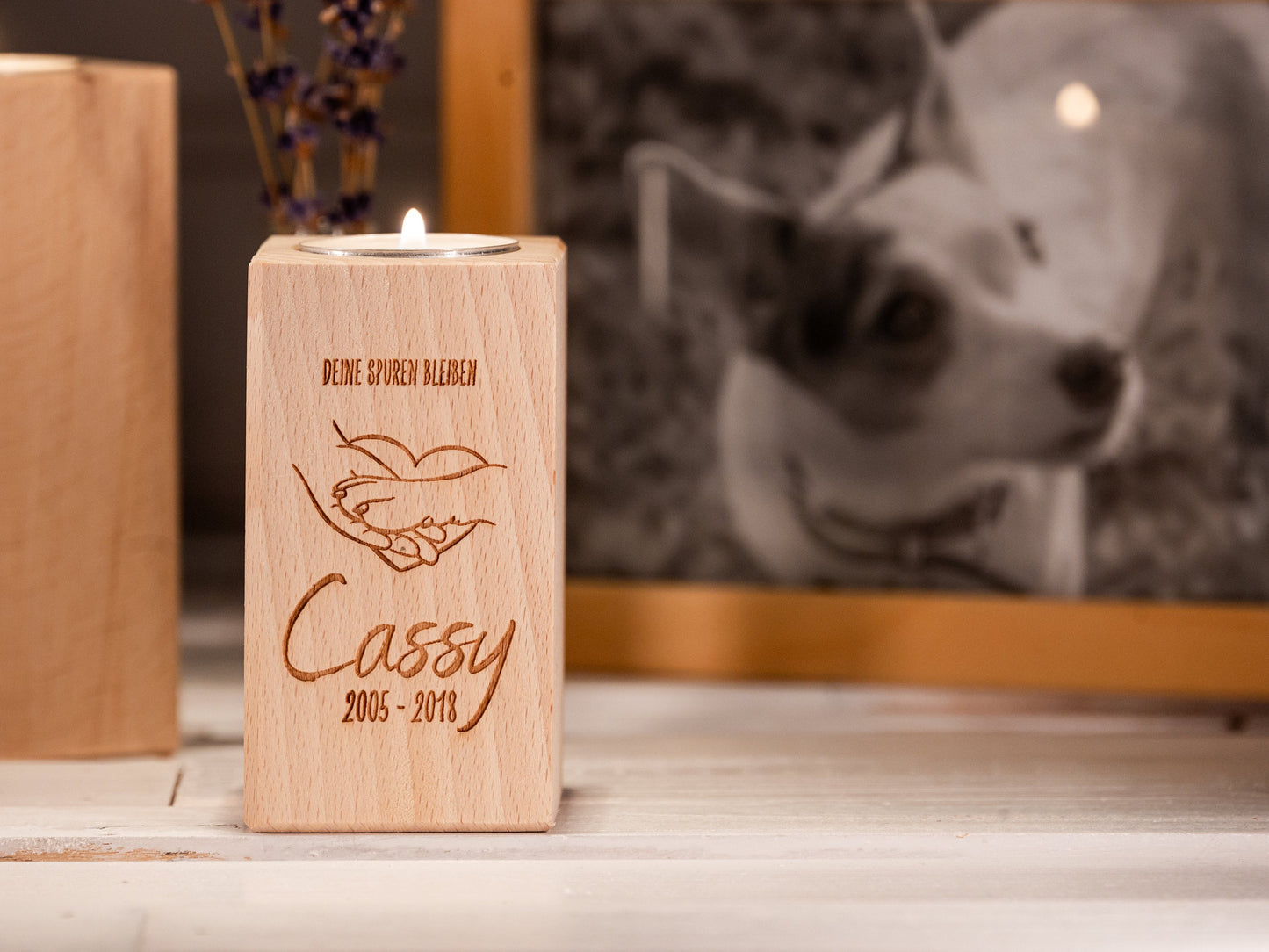 Personalisierbare Trauerkerze Hund, Teelichthalter Holz Gravur, Tod, Hund gestorben, Gedenken Hund, Trauerlicht, Hund Regenbogenbrücke