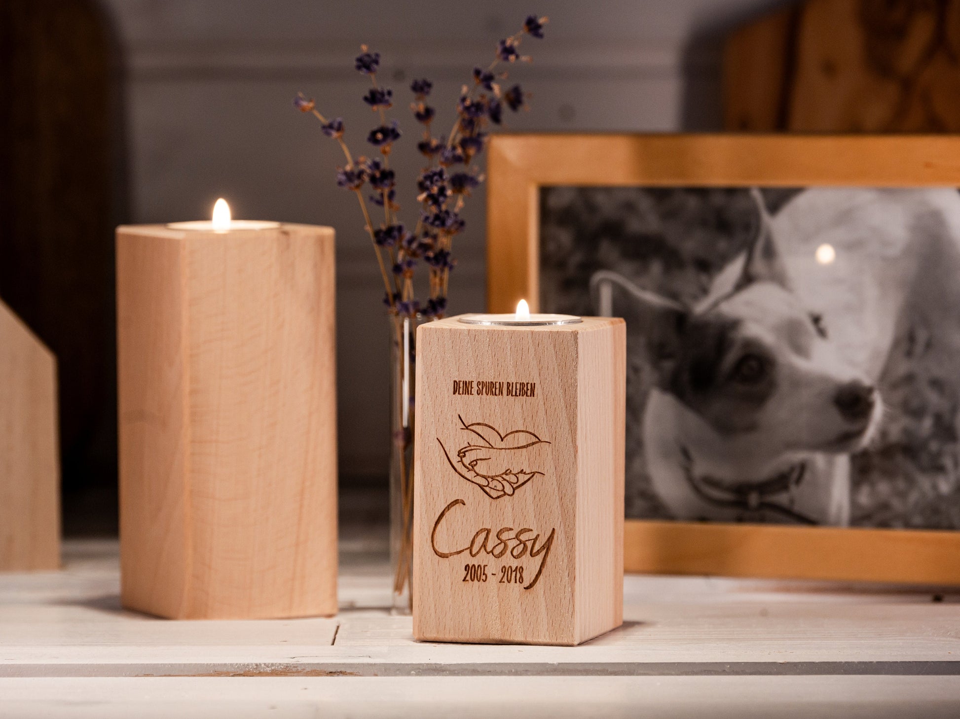 Personalisierbare Trauerkerze Hund, Teelichthalter Holz Gravur, Tod, Hund gestorben, Gedenken Hund, Trauerlicht, Hund Regenbogenbrücke