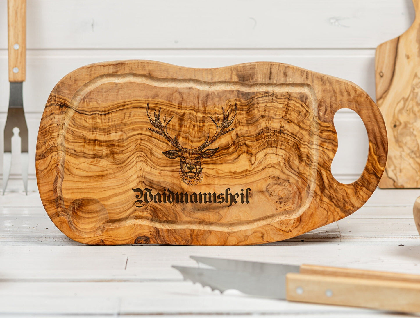 Personalisiertes Jagdbrett, Schneidebrett mit Gravur, Hirschkopf, Waidmannsheil, Jäger, Jagdtrophäe, Hirsch, personalisiertes Jagdgeschenk