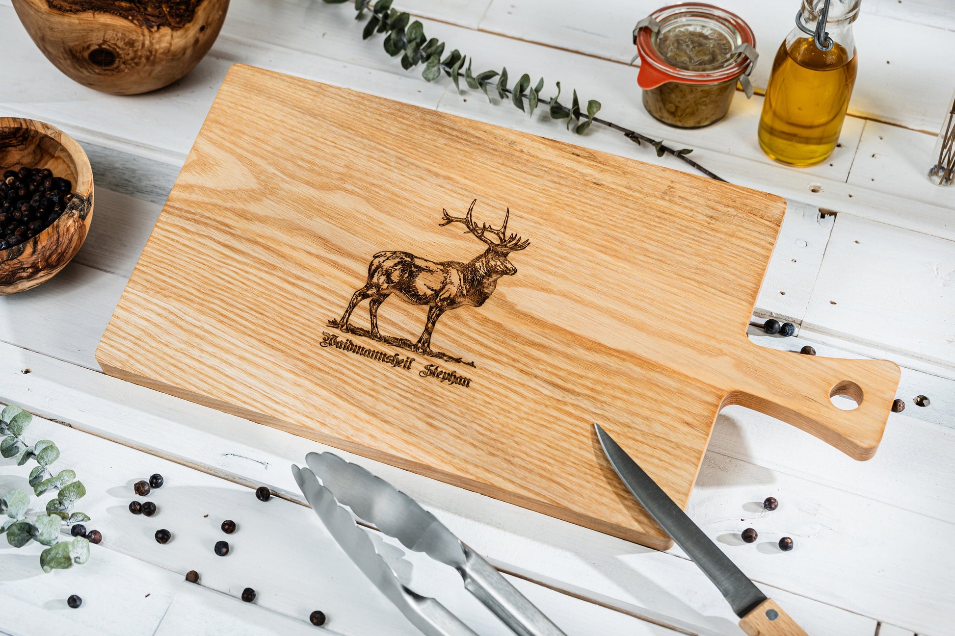 Geschenk Jäger, Personalisiertes Jagdbrett, Schneidebrett mit Gravur, Hirschkopf, Waidmannsheil, personalisiertes Schneidebrett mit Hirsch