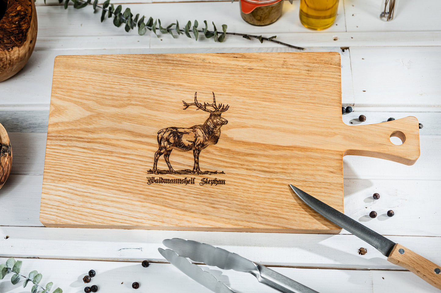 Geschenk Jäger, Personalisiertes Jagdbrett, Schneidebrett mit Gravur, Hirschkopf, Waidmannsheil, personalisiertes Schneidebrett mit Hirsch