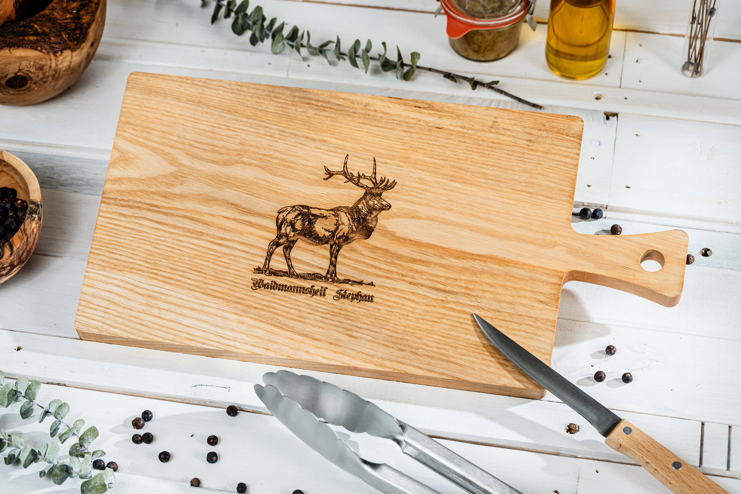 Geschenk Jäger, Personalisiertes Jagdbrett, Schneidebrett mit Gravur, Hirschkopf, Waidmannsheil, personalisiertes Schneidebrett mit Hirsch