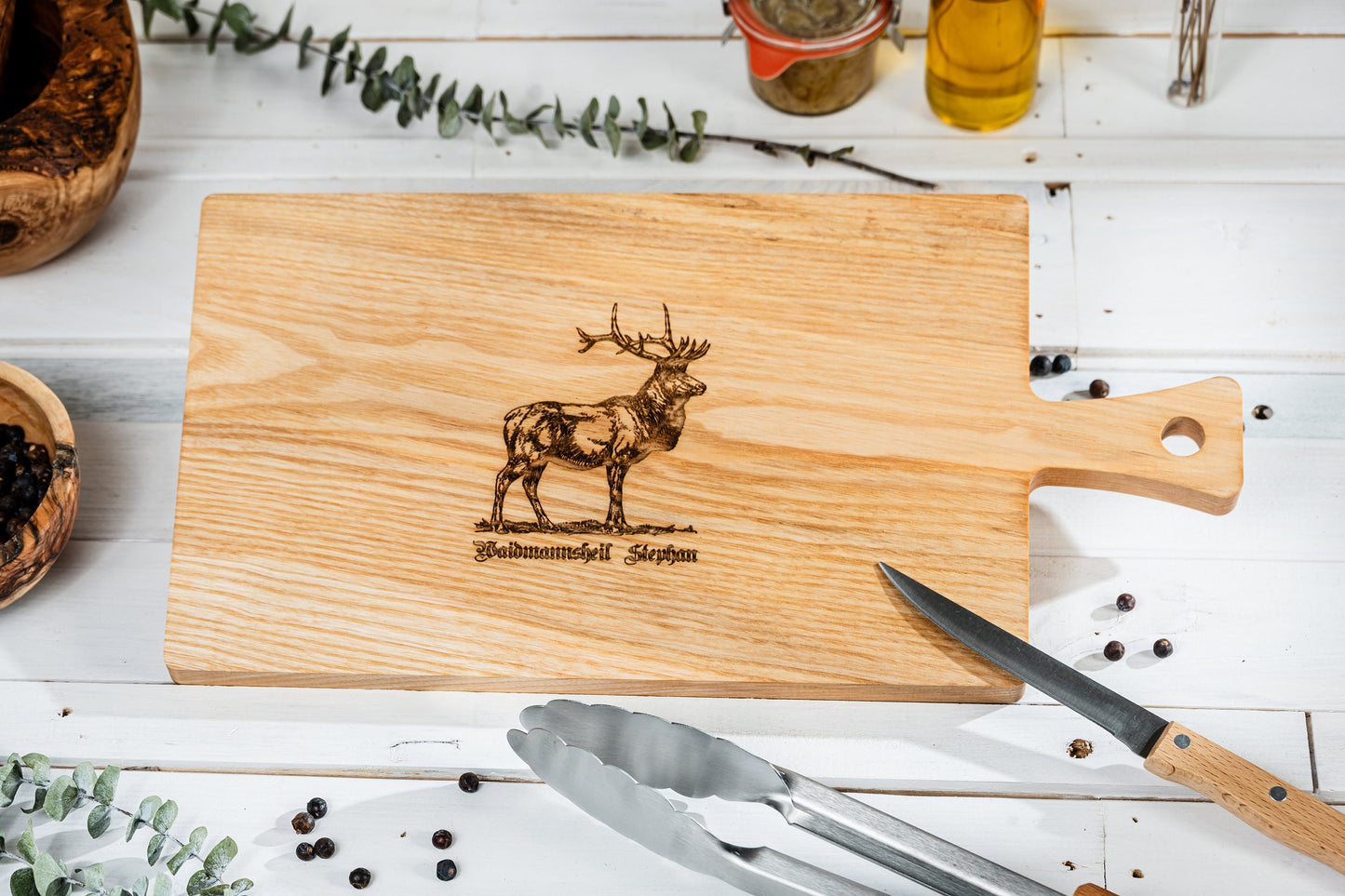 Geschenk Jäger, Personalisiertes Jagdbrett, Schneidebrett mit Gravur, Hirschkopf, Waidmannsheil, personalisiertes Schneidebrett mit Hirsch