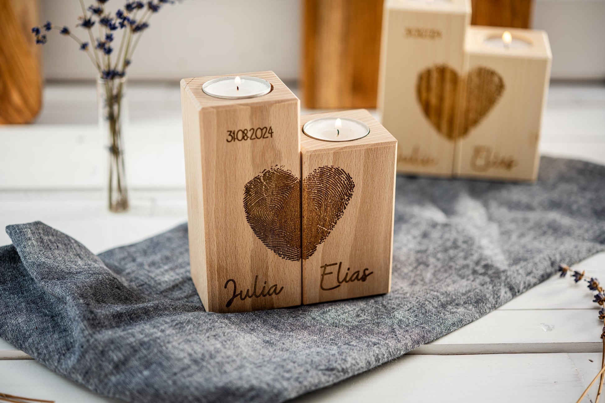 Teelichthalter Herz, Hochzeitskerze Holz, Kerzen Hochzeit, Valentinstag, Geschenk Brautpaar, Fingerabdruck, Hochzeitsgeschenk, Datum, Name