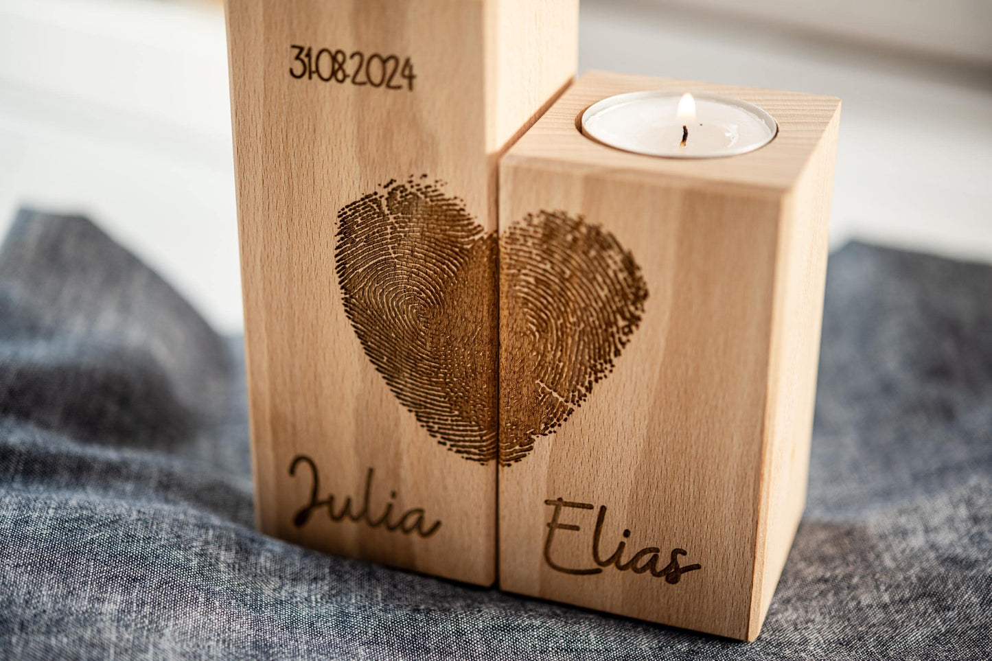 Teelichthalter Herz, Hochzeitskerze Holz, Kerzen Hochzeit, Valentinstag, Geschenk Brautpaar, Fingerabdruck, Hochzeitsgeschenk, Datum, Name