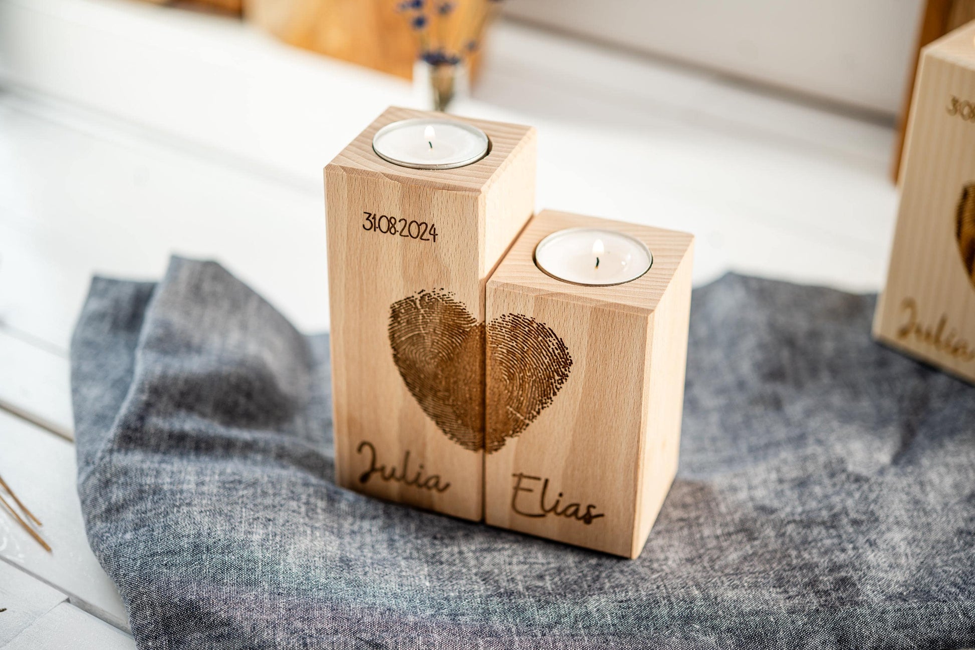 Teelichthalter Herz, Hochzeitskerze Holz, Kerzen Hochzeit, Valentinstag, Geschenk Brautpaar, Fingerabdruck, Hochzeitsgeschenk, Datum, Name