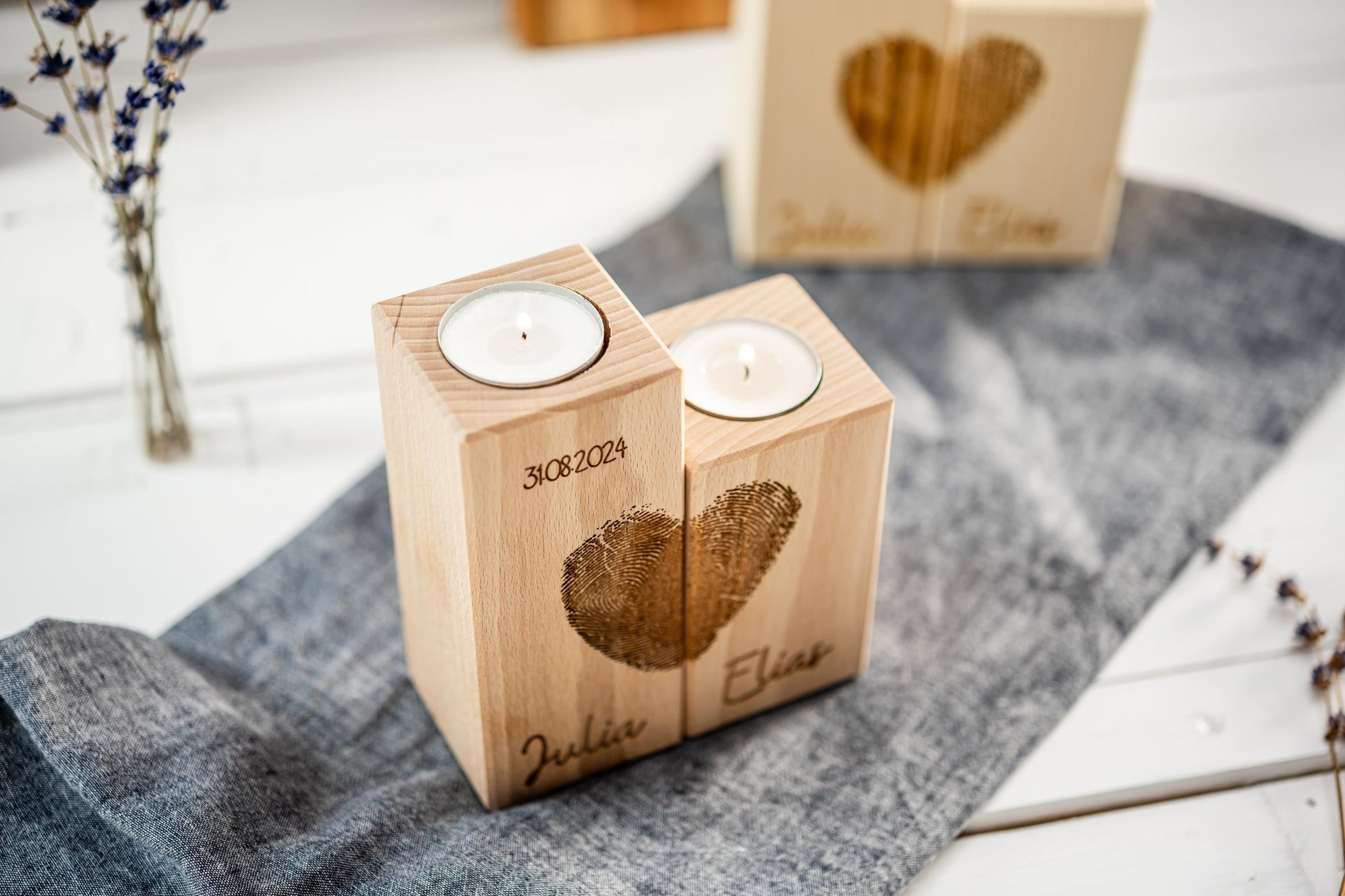 Teelichthalter Herz, Hochzeitskerze Holz, Kerzen Hochzeit, Valentinstag, Geschenk Brautpaar, Fingerabdruck, Hochzeitsgeschenk, Datum, Name