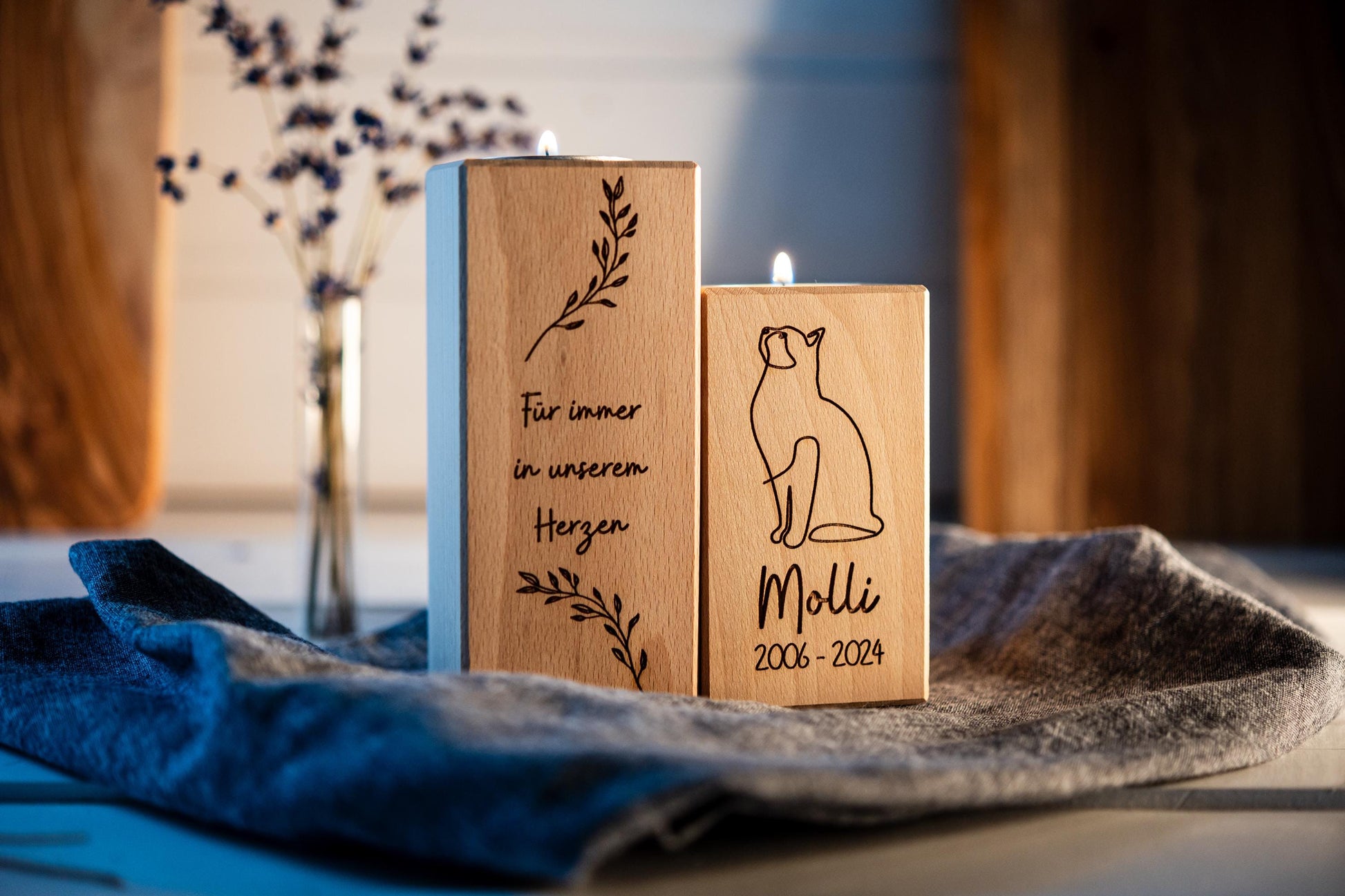 Set Personalisierbare Trauerkerze Katze, Teelichthalter Holz Gravur, Tod, Katze gestorben, Gedenken Katze, Trauerlicht, Katze Andenken