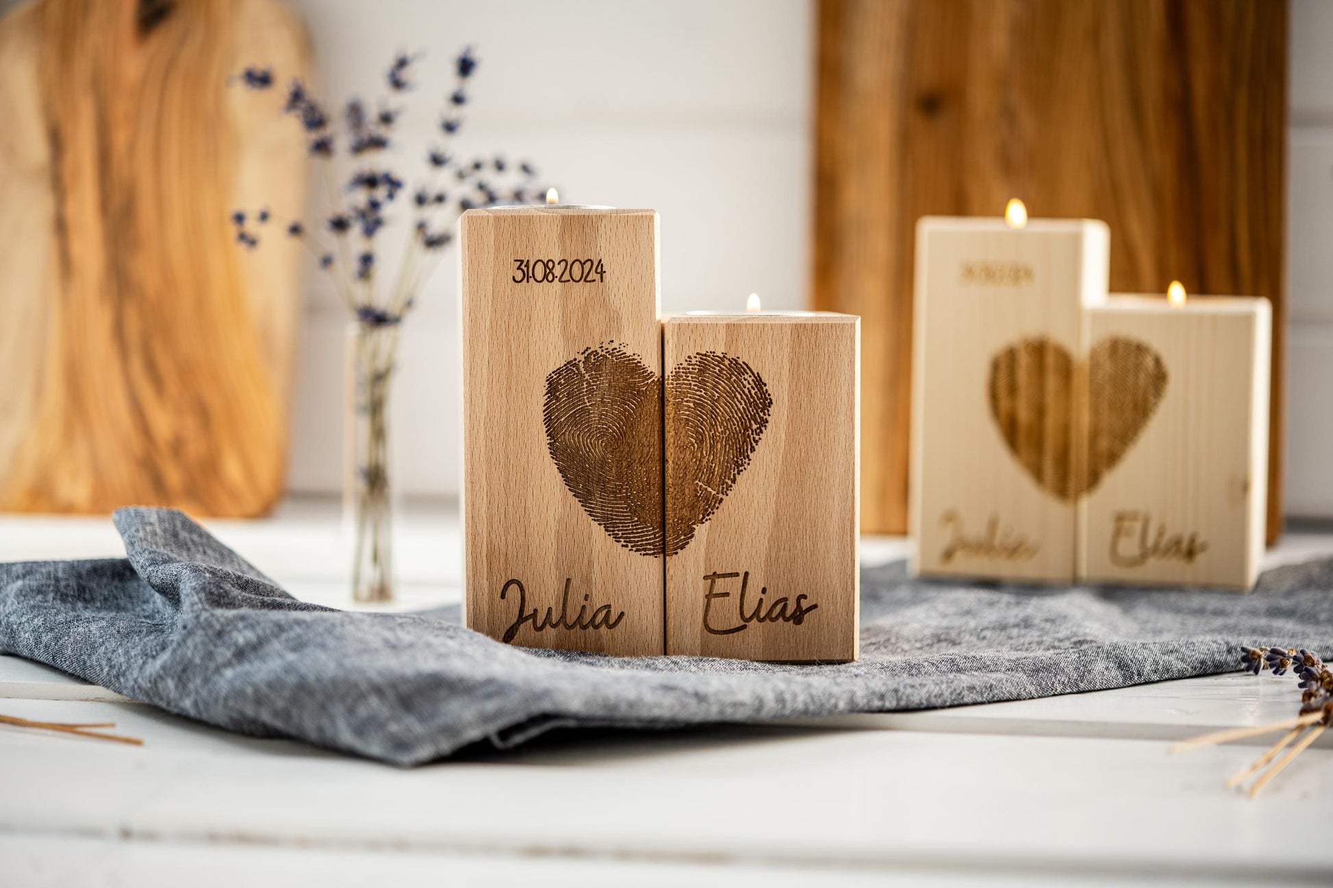 Teelichthalter Herz, Hochzeitskerze Holz, Kerzen Hochzeit, Valentinstag, Geschenk Brautpaar, Fingerabdruck, Hochzeitsgeschenk, Datum, Name