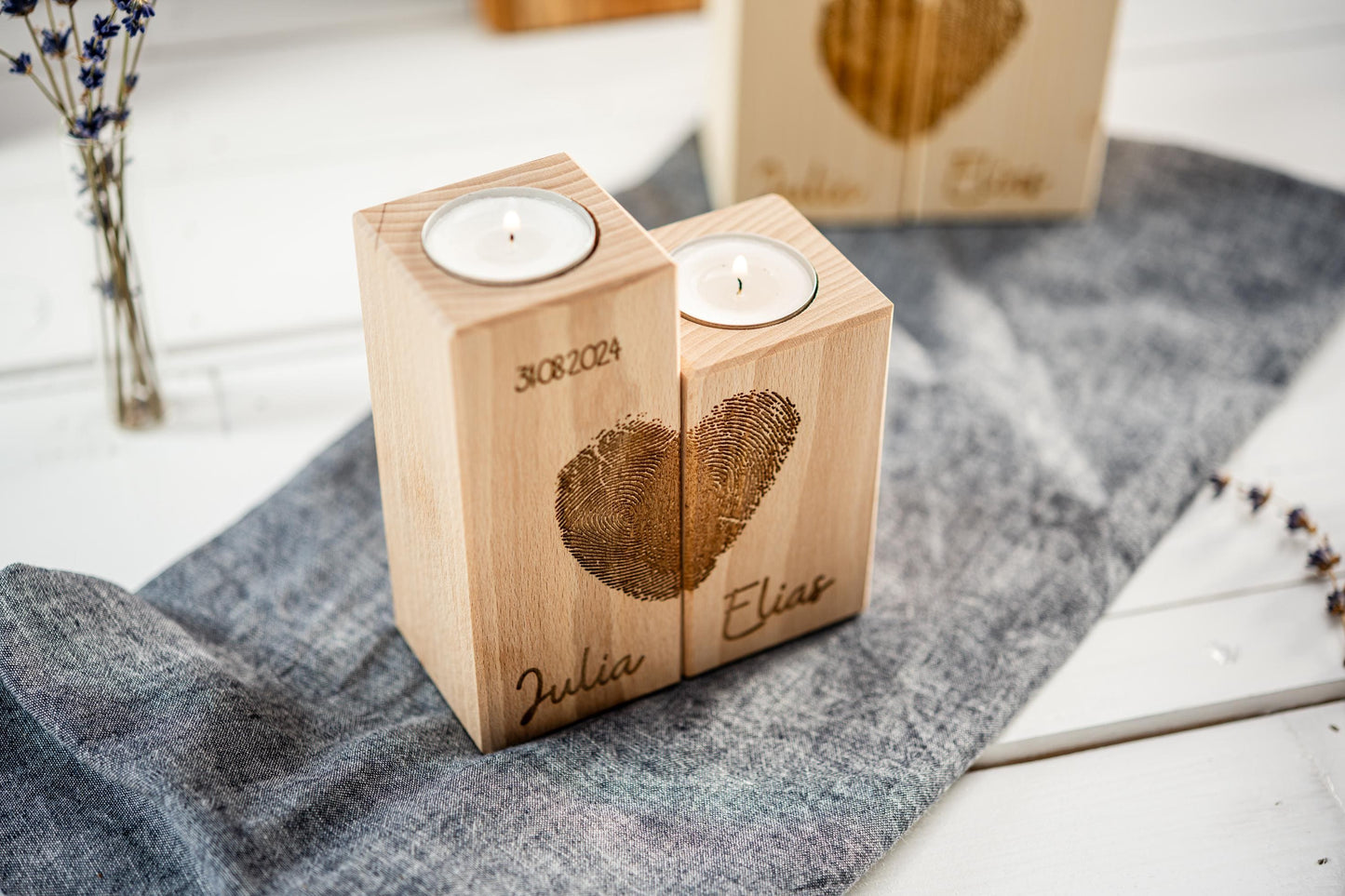 Teelichthalter Herz, Hochzeitskerze Holz, Kerzen Hochzeit, Valentinstag, Geschenk Brautpaar, Fingerabdruck, Hochzeitsgeschenk, Datum, Name