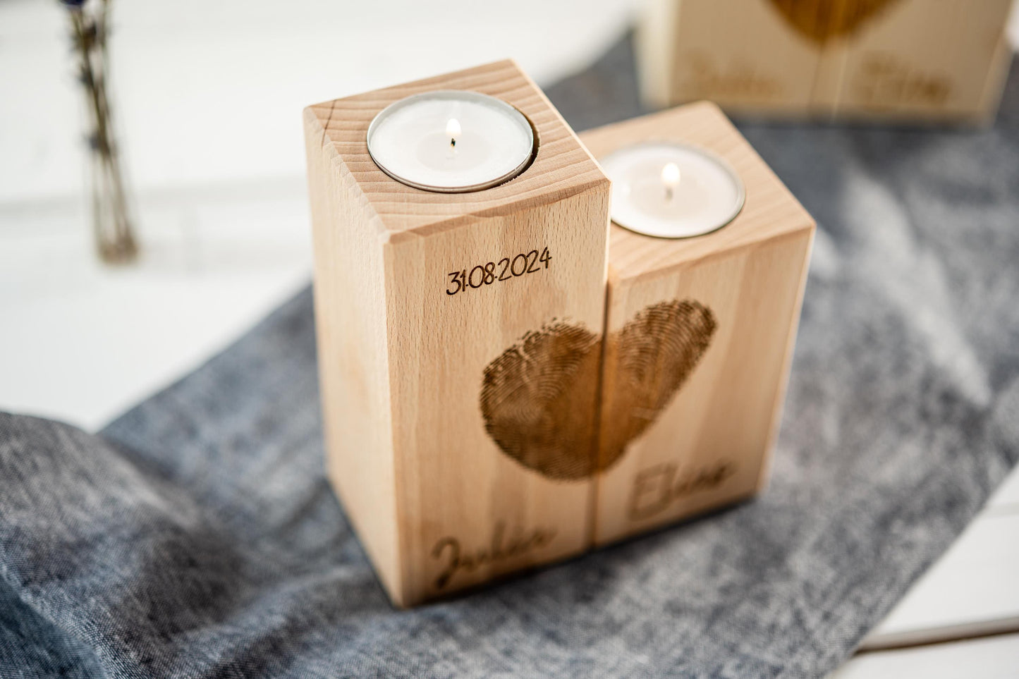 Teelichthalter Herz, Hochzeitskerze Holz, Kerzen Hochzeit, Valentinstag, Geschenk Brautpaar, Fingerabdruck, Hochzeitsgeschenk, Datum, Name