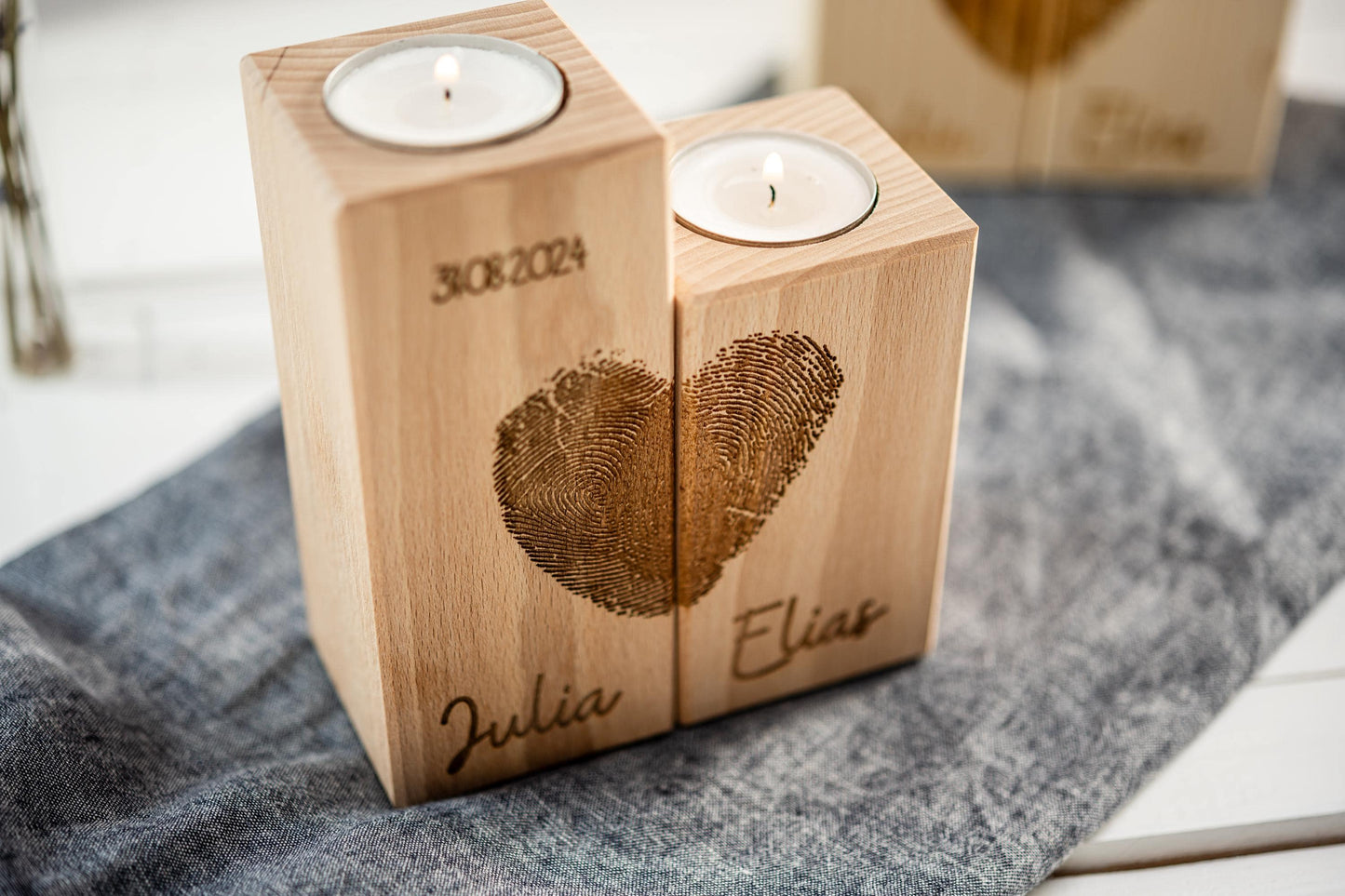 Teelichthalter Herz, Hochzeitskerze Holz, Kerzen Hochzeit, Valentinstag, Geschenk Brautpaar, Fingerabdruck, Hochzeitsgeschenk, Datum, Name