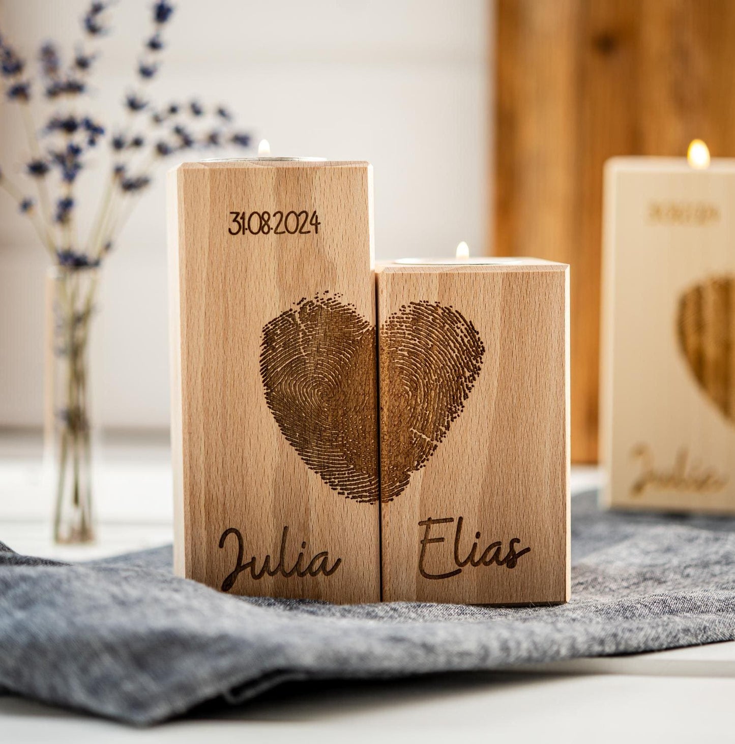 Teelichthalter Herz, Hochzeitskerze Holz, Kerzen Hochzeit, Valentinstag, Geschenk Brautpaar, Fingerabdruck, Hochzeitsgeschenk, Datum, Name