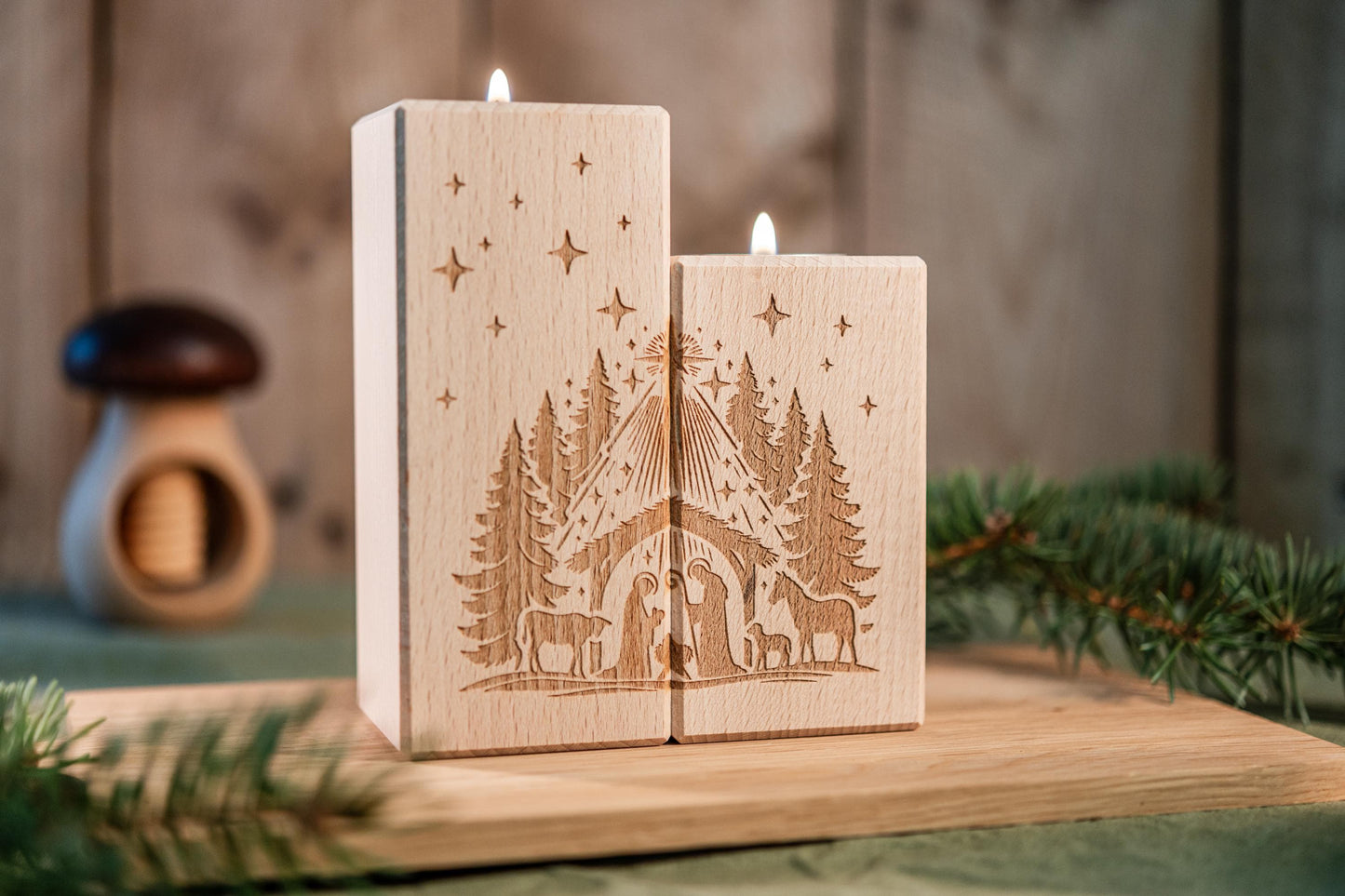 Krippe aus Holz, Teelichthalter mit Krippenfiguren, moderner Kerzenhalter, Mini Krippe, moderne Weihnachtskrippe, kleine Krippe aus Holz