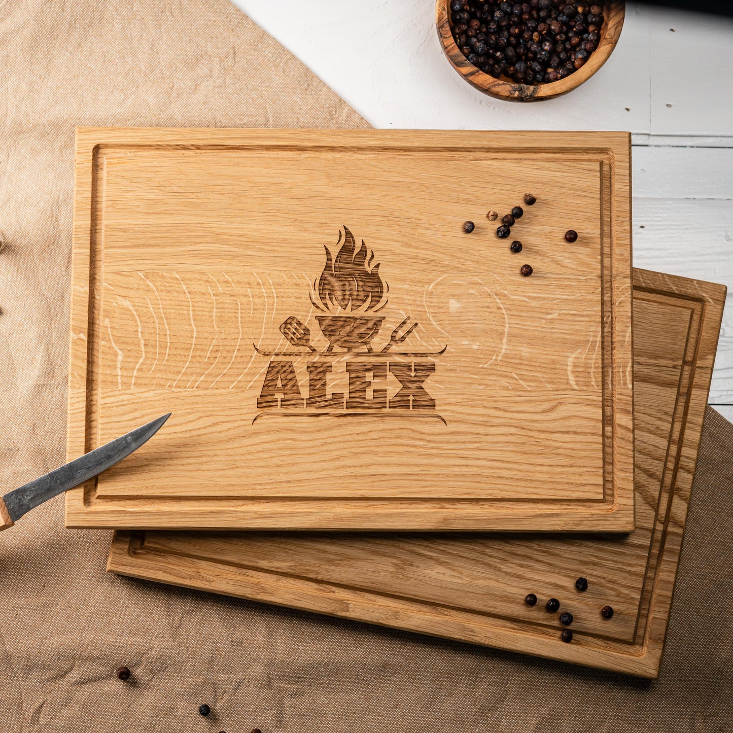 Schneidebrett Grillmotiv, Gravur Name, Geschenk Papa, Geschenkidee Vatertag, personalisiertes Grillbrett, Männergeschenk Weihnachten