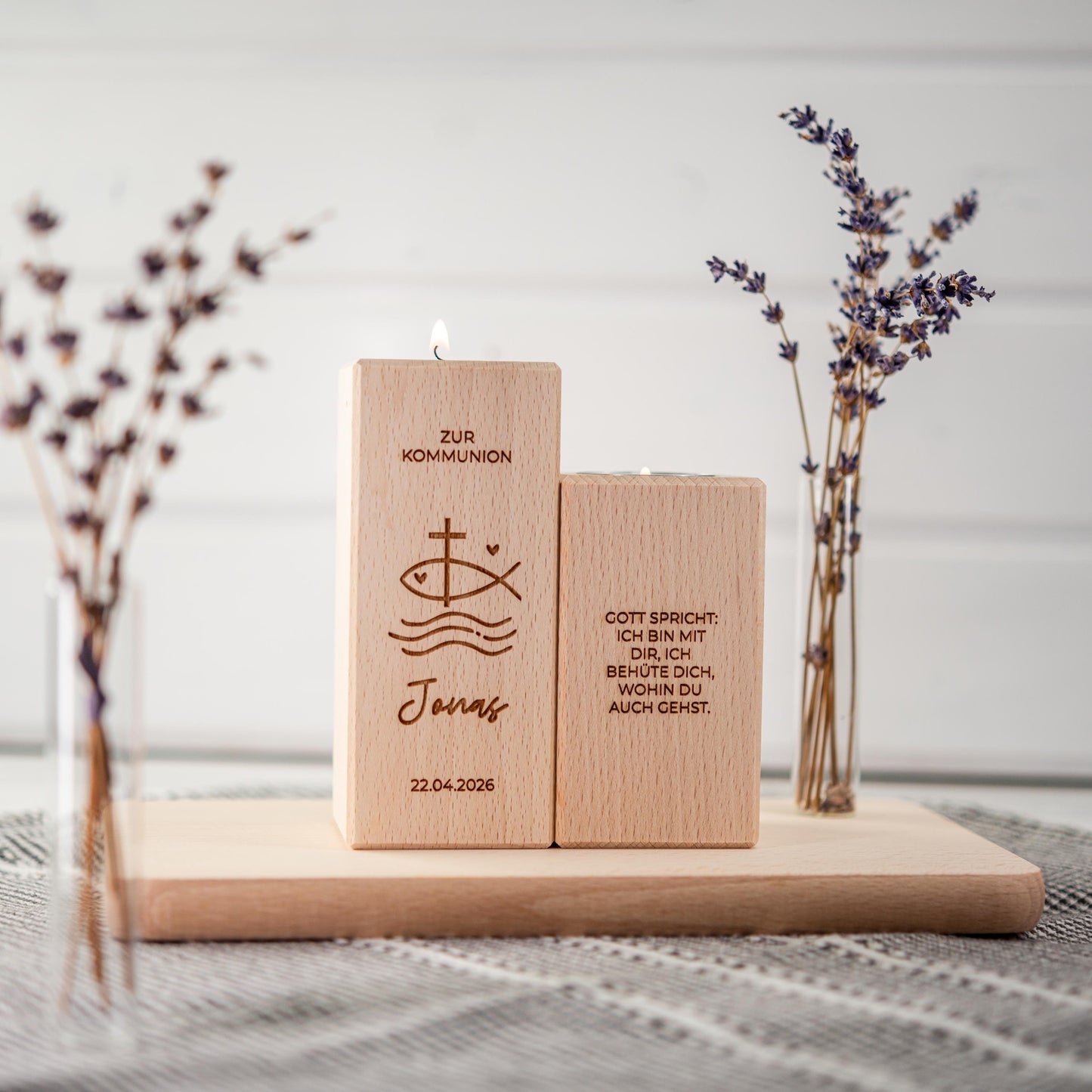 Kommunionkerze 2026, Kerze aus Holz, Taufkerze, Konfirmationskerze, Gravur mit Namen und Datum, Kommunionkerze Junge, Mädchen