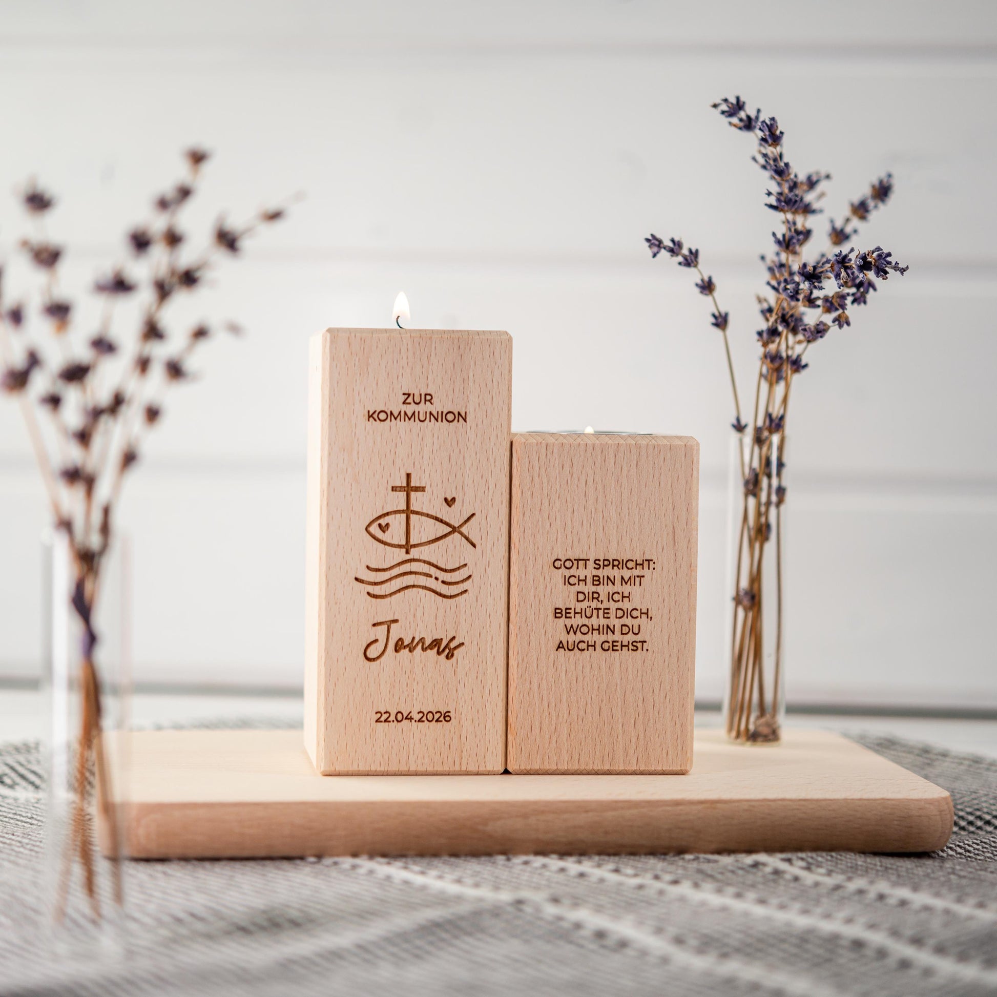 Kommunionkerze 2026, Kerze aus Holz, Taufkerze, Konfirmationskerze, Gravur mit Namen und Datum, Kommunionkerze Junge, Mädchen