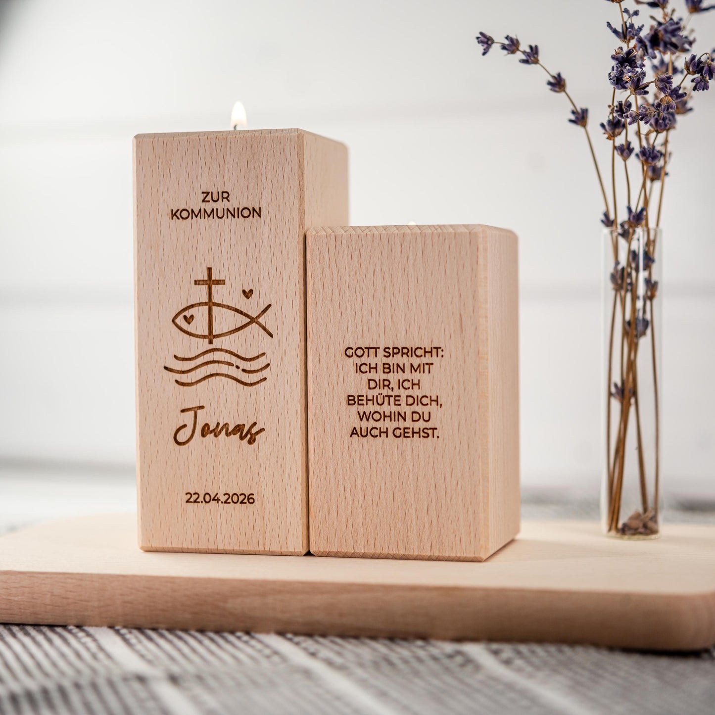 Kommunionkerze 2026, Kerze aus Holz, Taufkerze, Konfirmationskerze, Gravur mit Namen und Datum, Kommunionkerze Junge, Mädchen