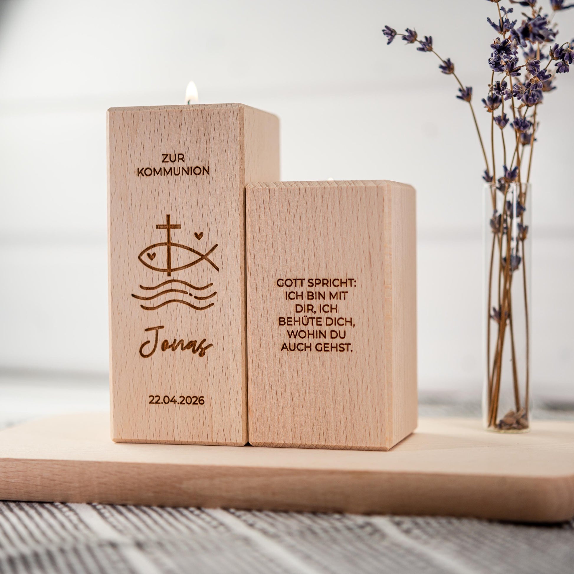 Kommunionkerze 2026, Kerze aus Holz, Taufkerze, Konfirmationskerze, Gravur mit Namen und Datum, Kommunionkerze Junge, Mädchen