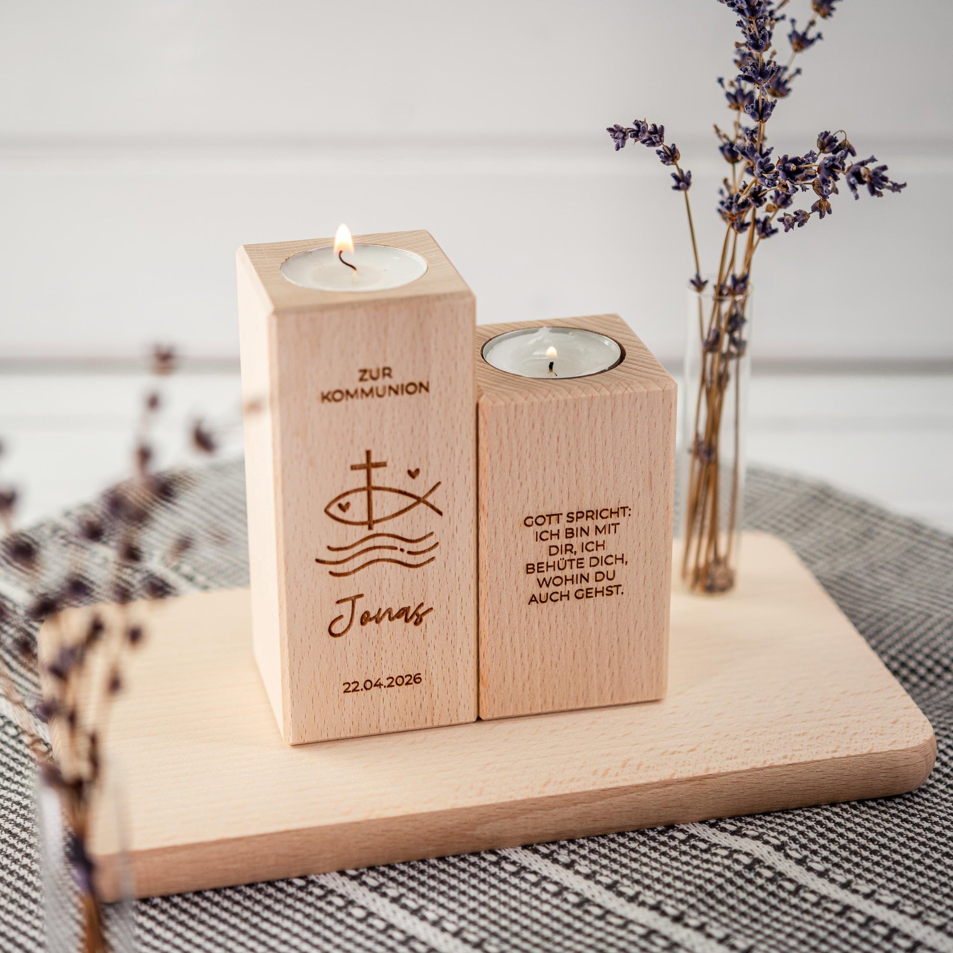 Kommunionkerze 2026, Kerze aus Holz, Taufkerze, Konfirmationskerze, Gravur mit Namen und Datum, Kommunionkerze Junge, Mädchen