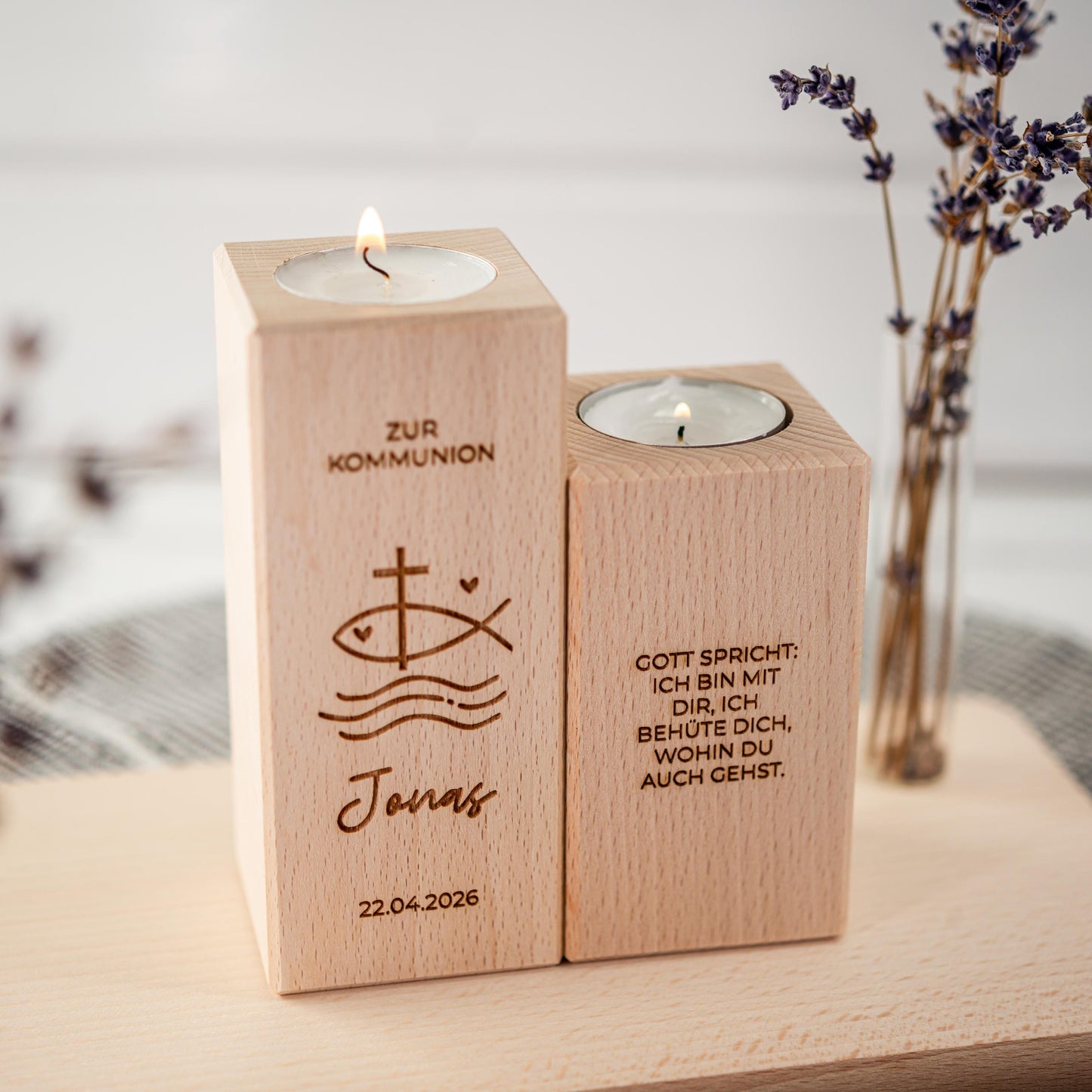 Kommunionkerze 2026, Kerze aus Holz, Taufkerze, Konfirmationskerze, Gravur mit Namen und Datum, Kommunionkerze Junge, Mädchen