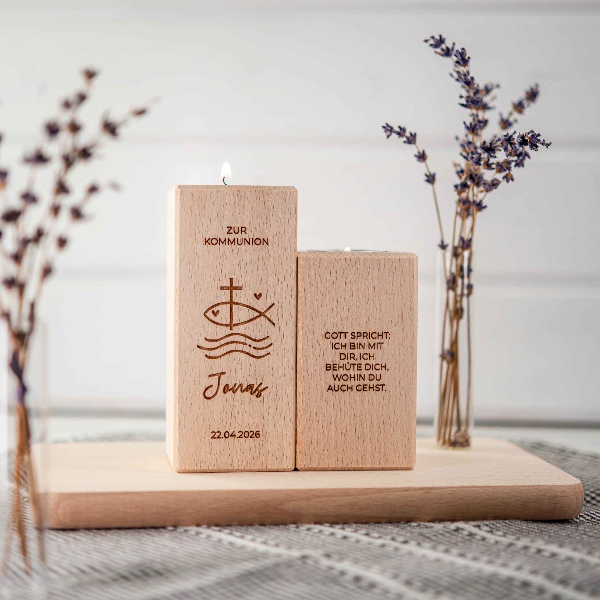 Kommunionkerze 2026, Kerze aus Holz, Taufkerze, Konfirmationskerze, Gravur mit Namen und Datum, Kommunionkerze Junge, Mädchen