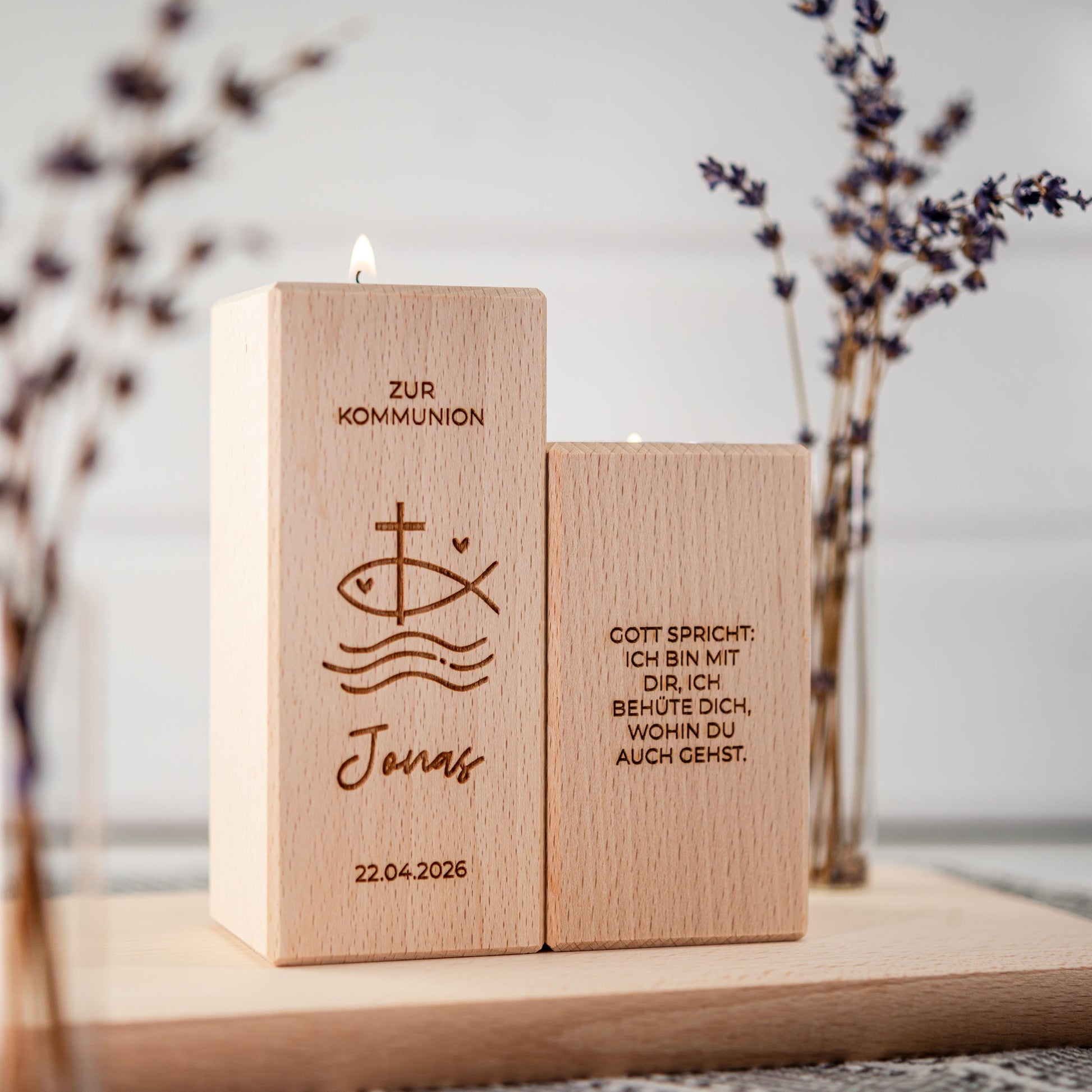 Kommunionkerze 2026, Kerze aus Holz, Taufkerze, Konfirmationskerze, Gravur mit Namen und Datum, Kommunionkerze Junge, Mädchen