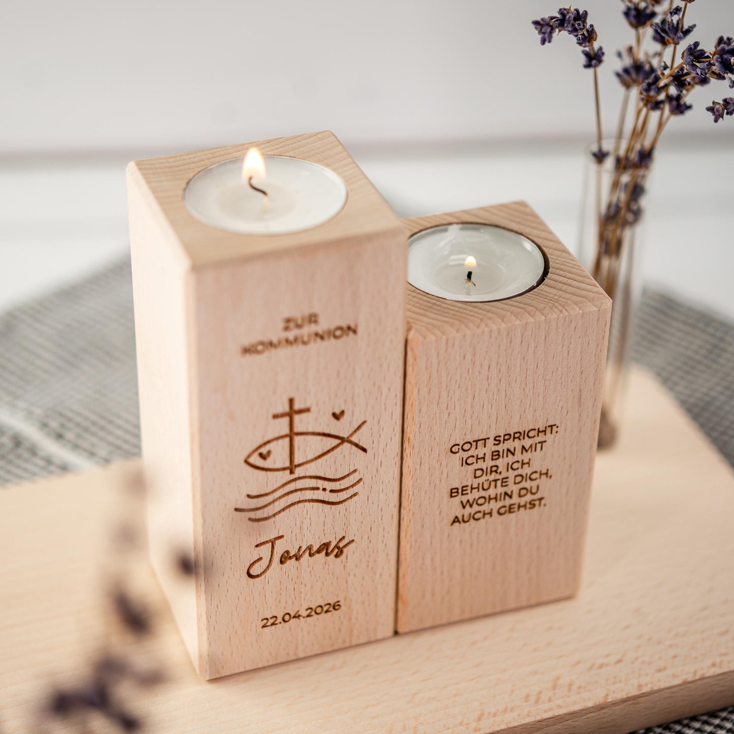 Kommunionkerze 2026, Kerze aus Holz, Taufkerze, Konfirmationskerze, Gravur mit Namen und Datum, Kommunionkerze Junge, Mädchen