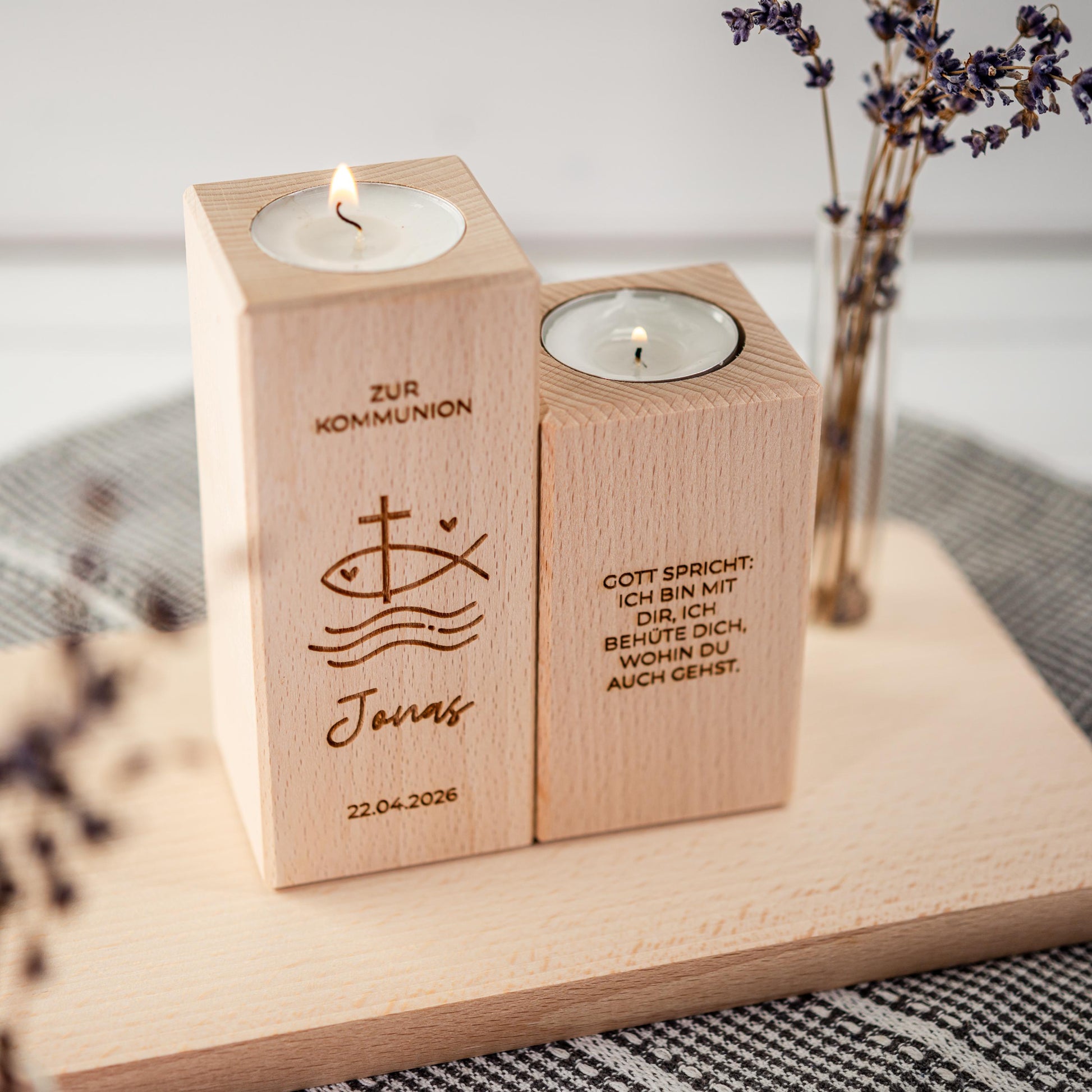 Kommunionkerze 2026, Kerze aus Holz, Taufkerze, Konfirmationskerze, Gravur mit Namen und Datum, Kommunionkerze Junge, Mädchen