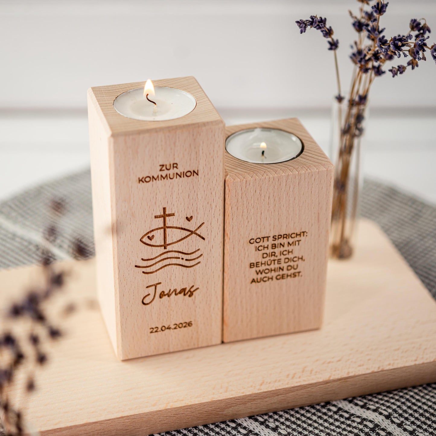 Kommunionkerze 2026, Kerze aus Holz, Taufkerze, Konfirmationskerze, Gravur mit Namen und Datum, Kommunionkerze Junge, Mädchen