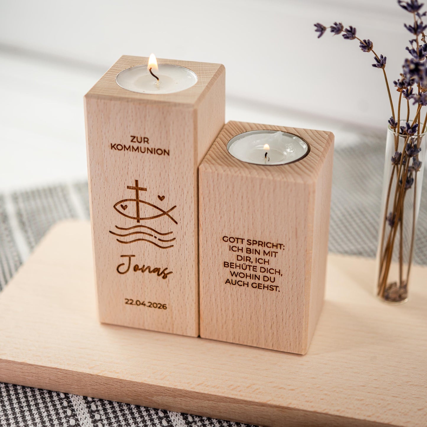 Kommunionkerze 2026, Kerze aus Holz, Taufkerze, Konfirmationskerze, Gravur mit Namen und Datum, Kommunionkerze Junge, Mädchen
